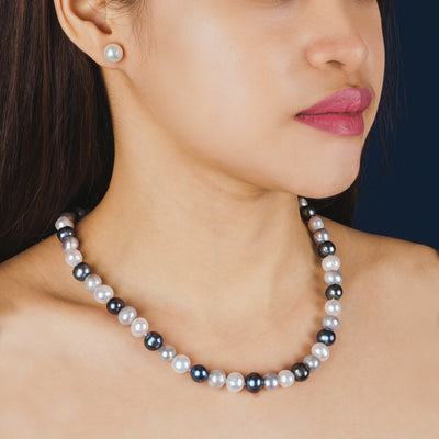 Fresh Water Colored Pearl Set Black & White Silver - TESOROS